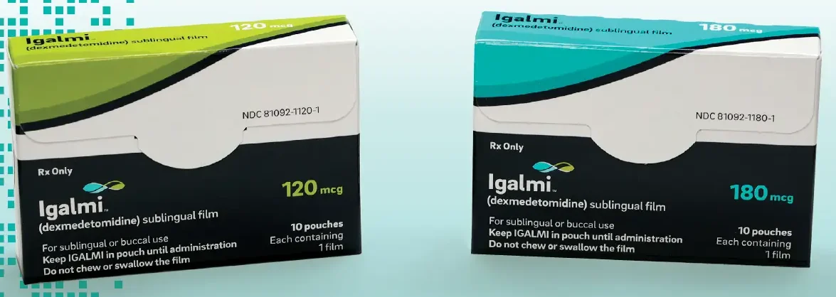 Two IGALMI cartons side by side: a 120 mcg carton with a green top and a 180 mcg carton with a teal top, each labelled dexmedetomidine sublingual film