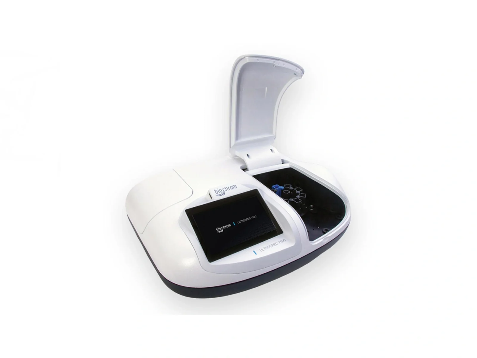 A white and black benchtop spectrophotometer with its lid open