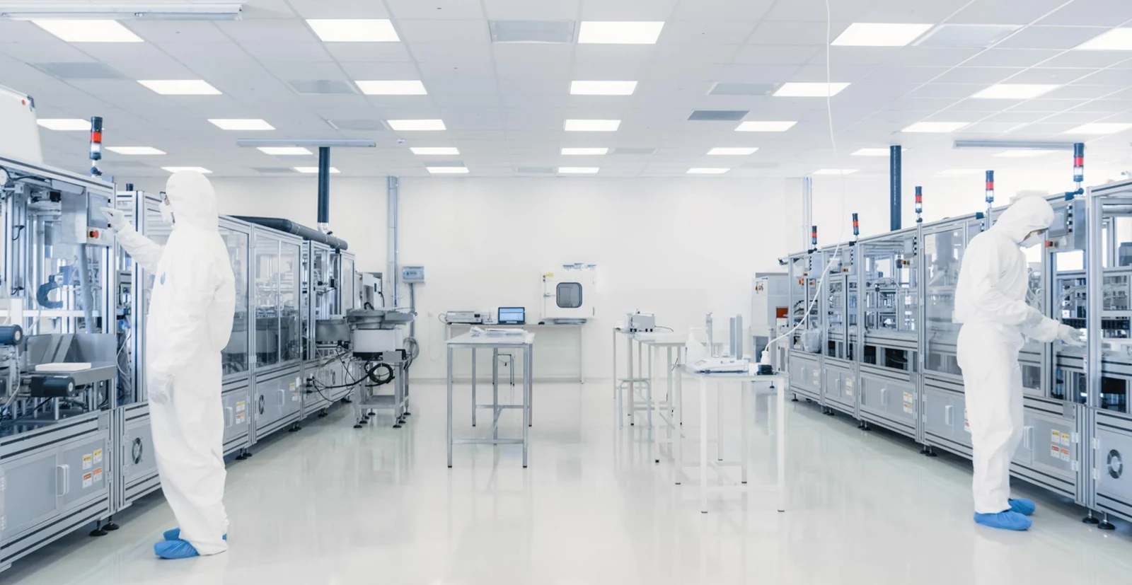 Two people in white protective suits work along an automated production line in a bright cleanroom