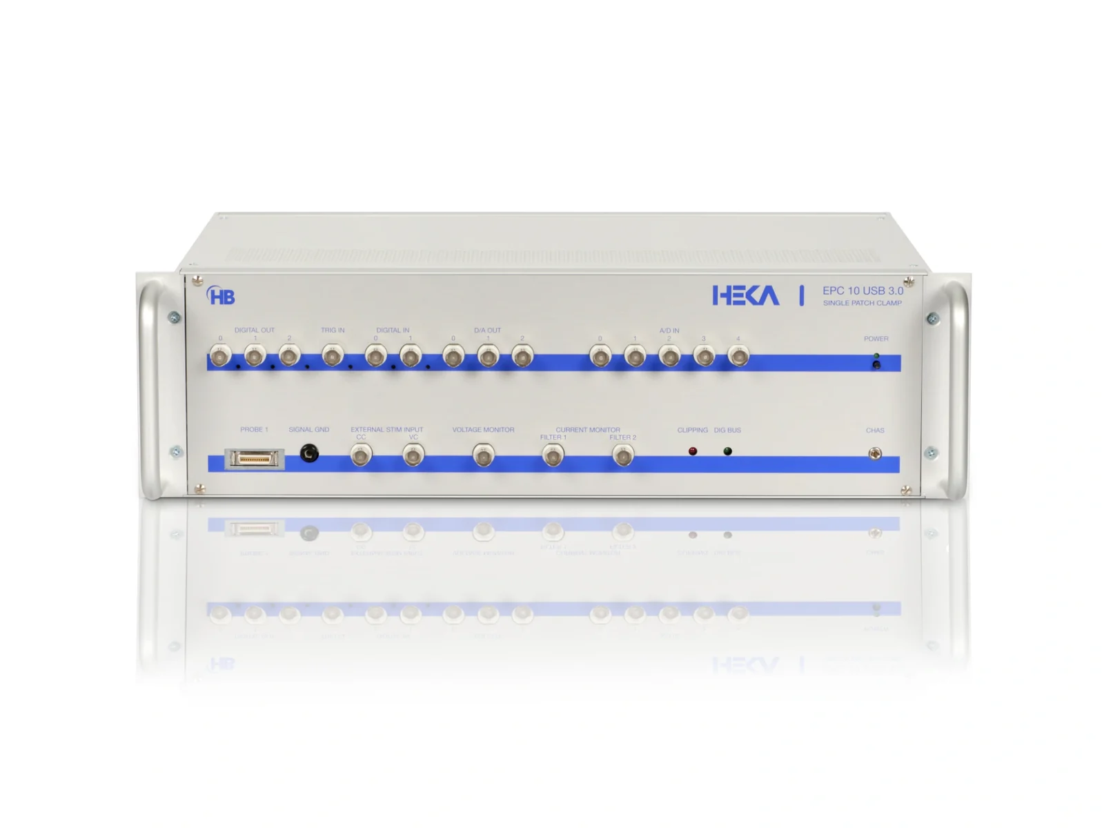 A rack-mounted HEKA amplifier with a row of blue-ringed connectors
