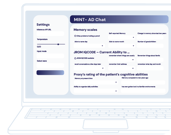 An illustration of the MINT-AD Chat interface on a laptop: a settings panel at the left and forms for memory scales, caregiver-rated recall items and a proxy's rating of the patient's cognitive abilities.
