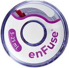 The enFuse wearable on-body drug delivery device, a round white and violet disc