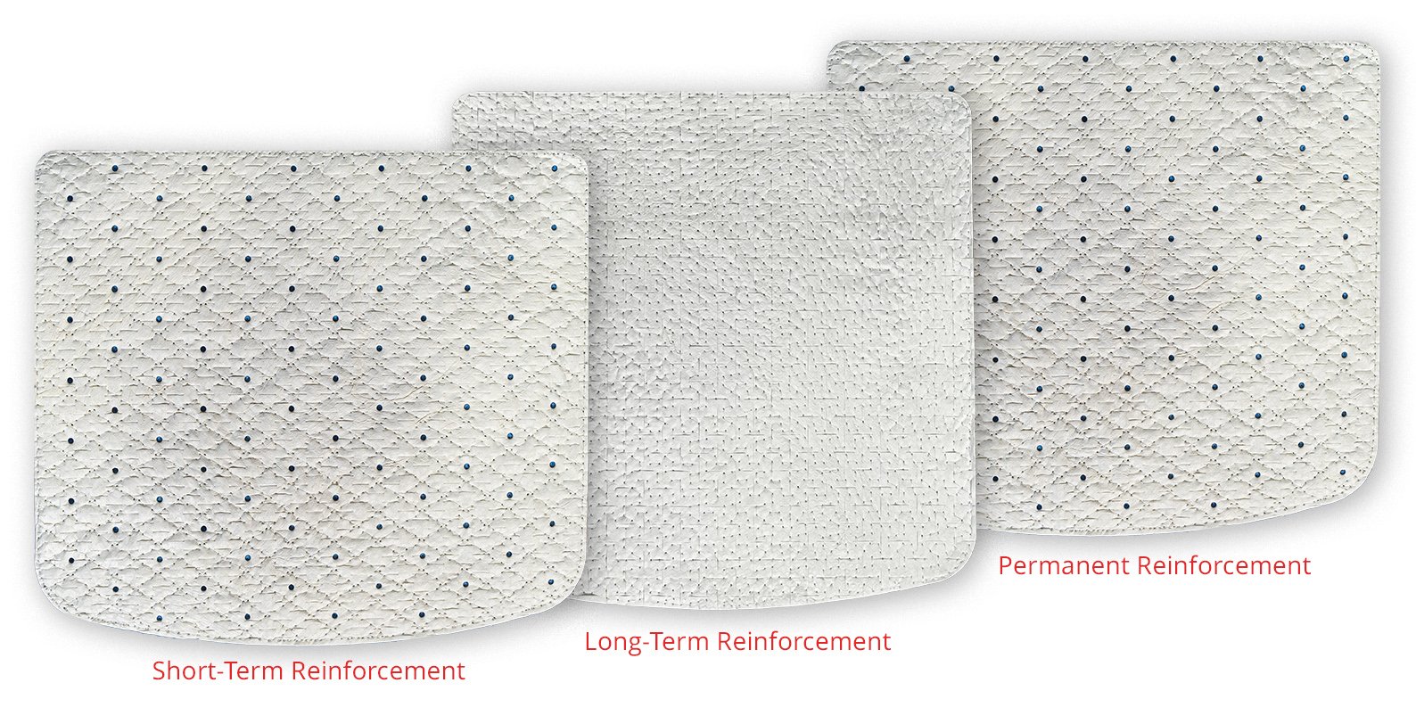 Three OviTex PRS pads photographed side by side, labelled short-term, long-term and permanent reinforcement